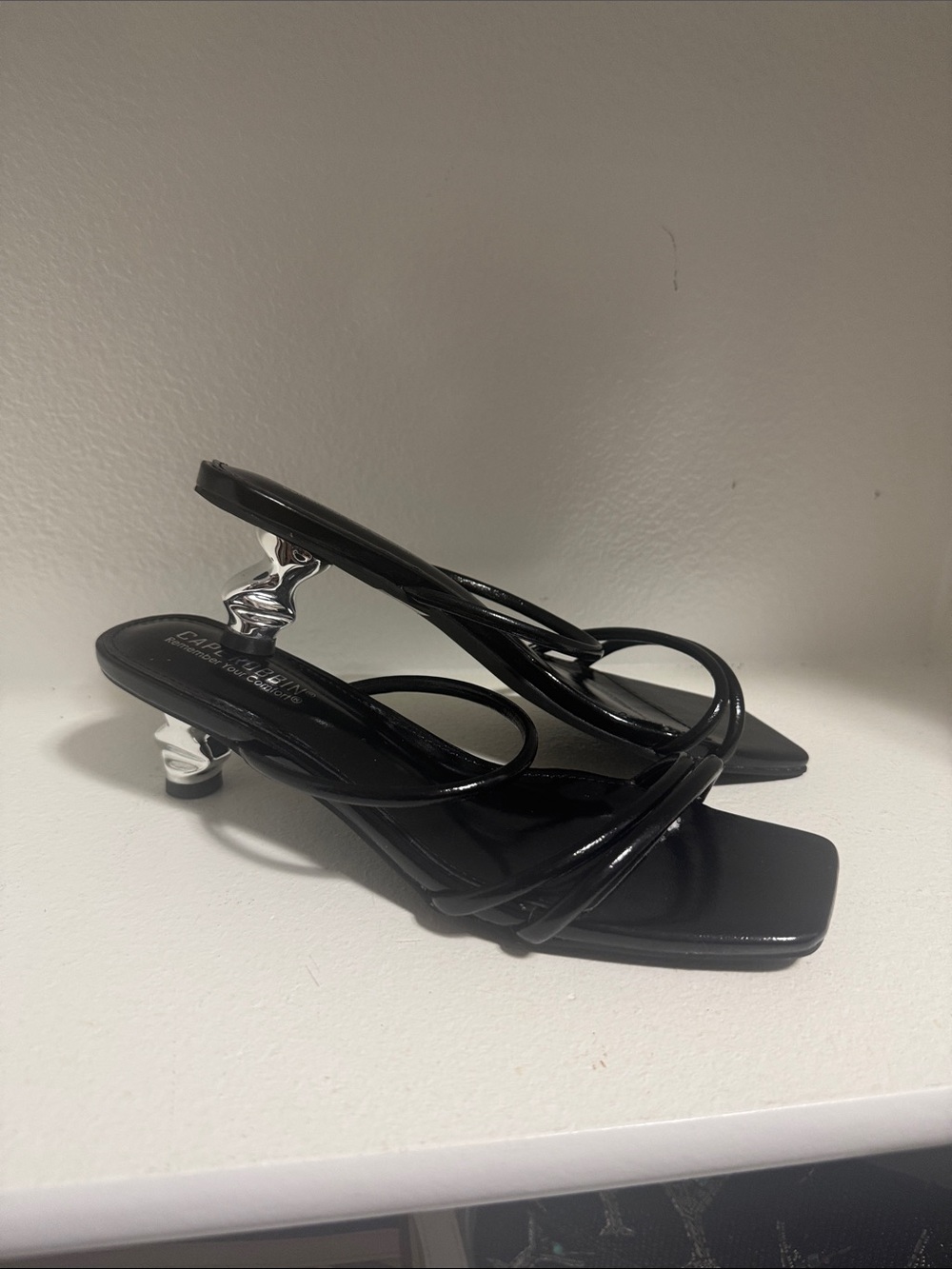 Cape Robbin Black Patent Strappy Mules with Sculpted Silver Heel
